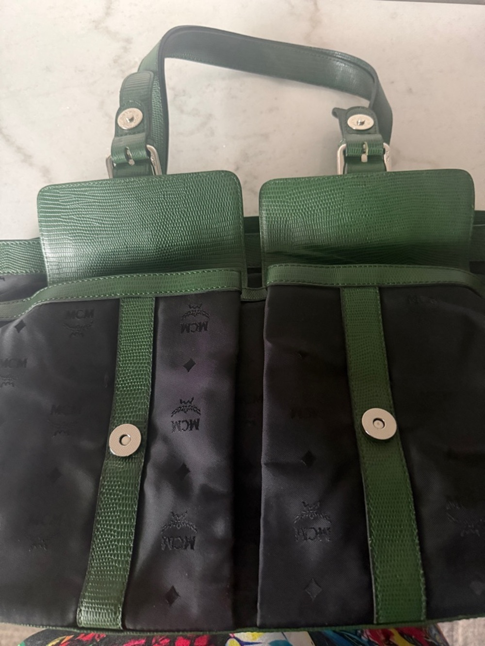 Authentic MCM Black Nylon Tote Green Lizard Embossed Leather Trim-Vintage w/COA - Picture 14 of 16